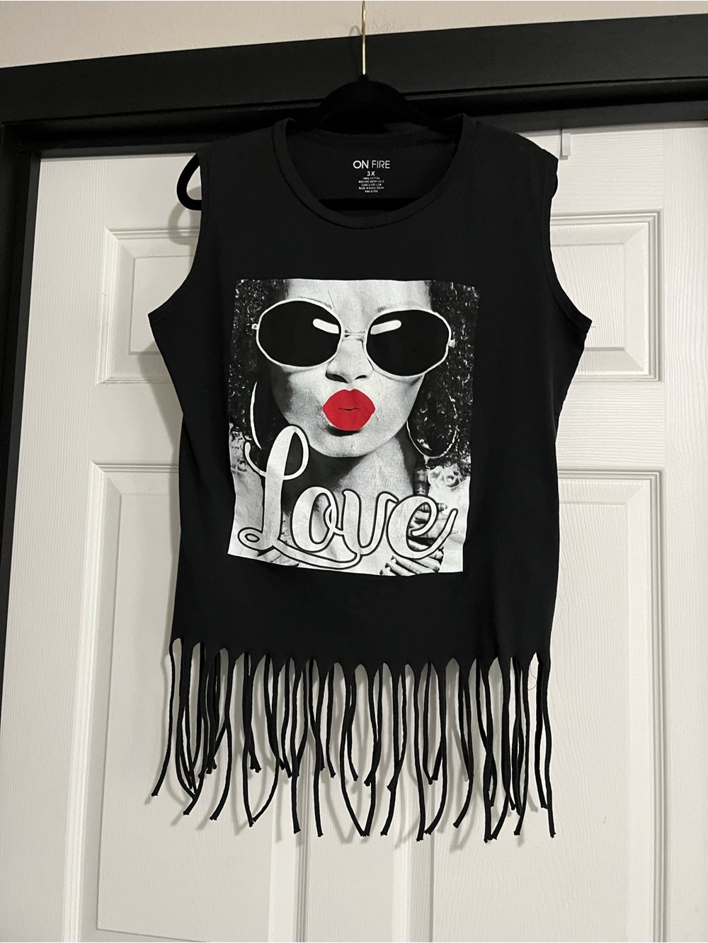 On Fire Black Graphic Fringe Tank with Red Lip Accent